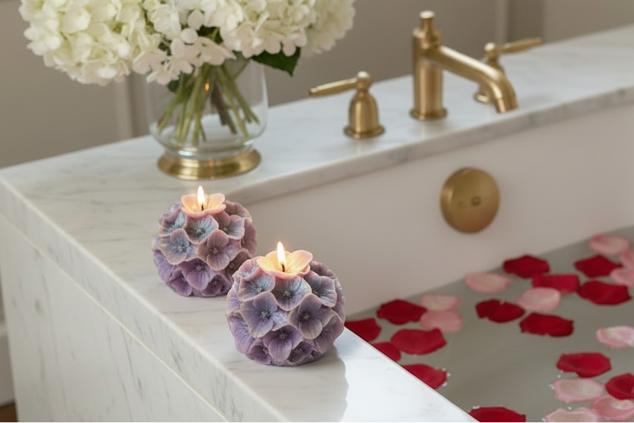 Three round, flower-shaped candles in shades of purple, lavender, and blue are arranged vertically on a round white marble tray with a gold rim. The tray is set on a marble surface with a draped cream fabric, a gold geometric lantern, and white flowers in the background.